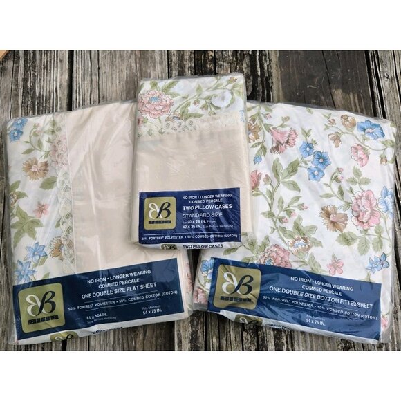Vintage Bibb Double Full Fitted Flat 2 Pillow Sheet Set Tapestry Rose Floral New - Picture 2 of 10